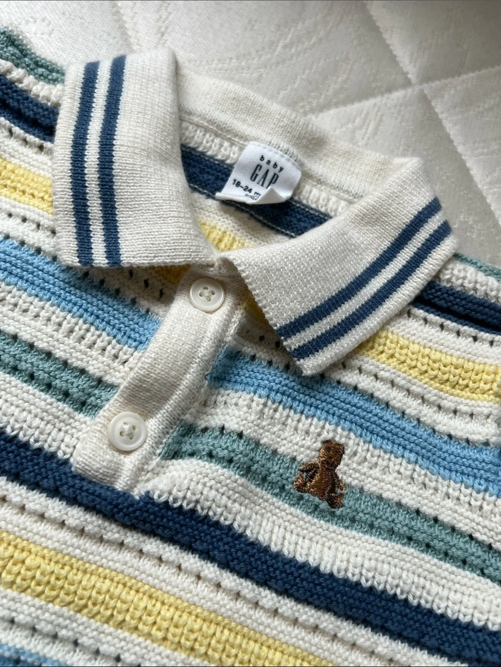 Baby Gap 18-24 mos Striped Knit Polo Romper in Blue, Yellow & Cream soft Knit
